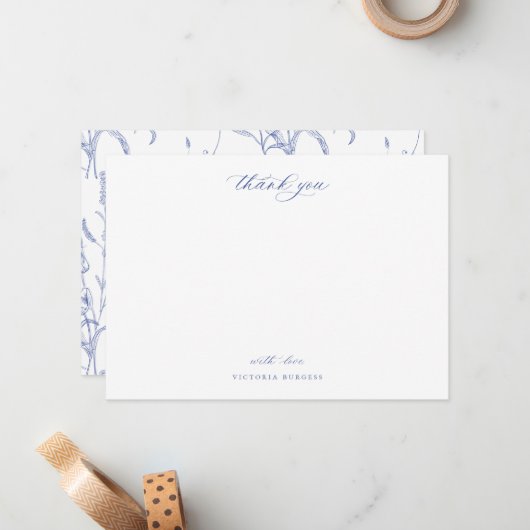 Blauwe Chinoiserie Floral Hartelijk dank Notitiekaartje (Voorkant / Achterkant in situ)