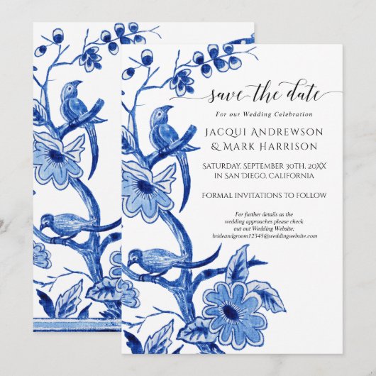 Blauwe Chinoiserie Floral Save the Date (Voorkant / Achterkant)
