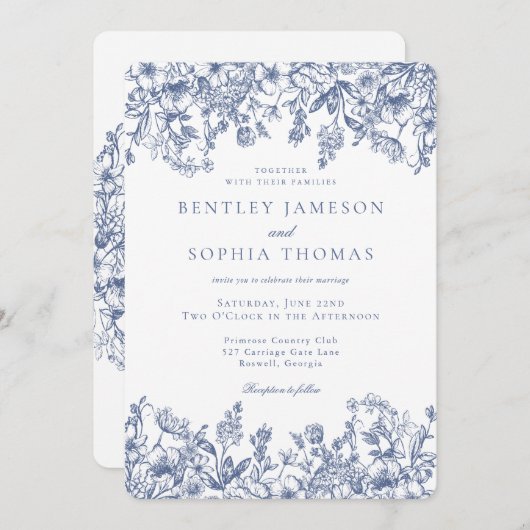 Blauwe Chinoiserie Franse Bloemen Huwelijk Kaart (Voorkant / Achterkant)