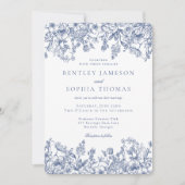 Blauwe Chinoiserie  Franse Bloemen Huwelijk Kaart (Voorkant)