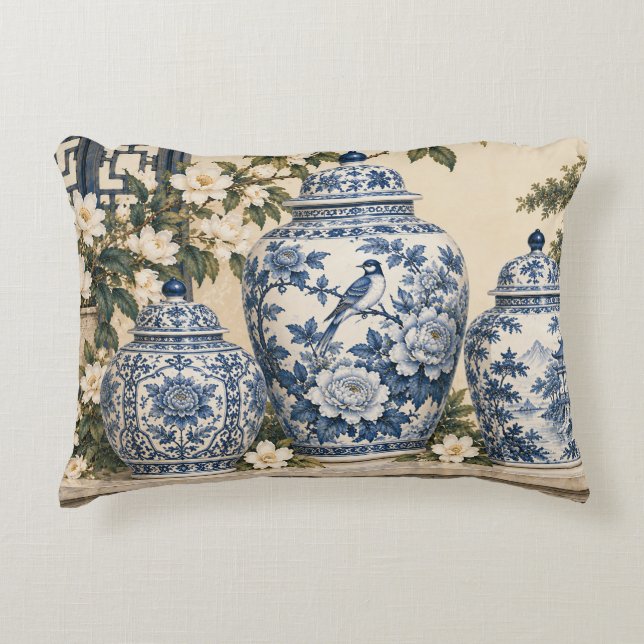 Blauwe Chinoiserie Gemberpotten Accent Kussen (Voorkant)