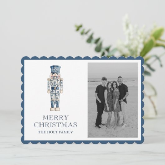 Blauwe Chinoiserie Kerst Notenkraker Foto Feestdagenkaart (Staand voorkant)