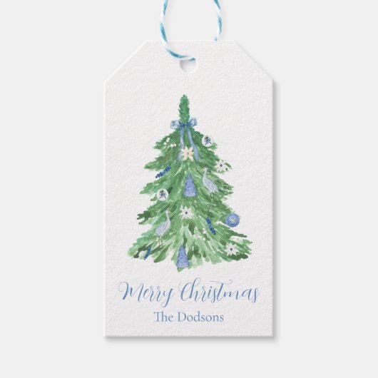Blauwe Chinoiserie Kerstcadeautags Cadeaulabel (Voorkant)