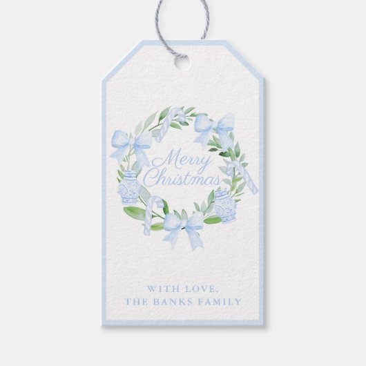 Blauwe Chinoiserie Kerstkrans Ginger Jars Bows Cadeaulabel (Voorkant)