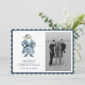 Blauwe Chinoiserie Kerstman Foto Feestdagenkaart (Staand voorkant)