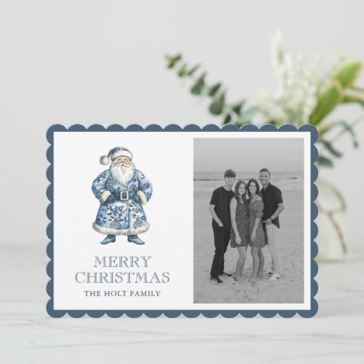 Blauwe Chinoiserie Kerstman Foto Feestdagenkaart (Staand voorkant)