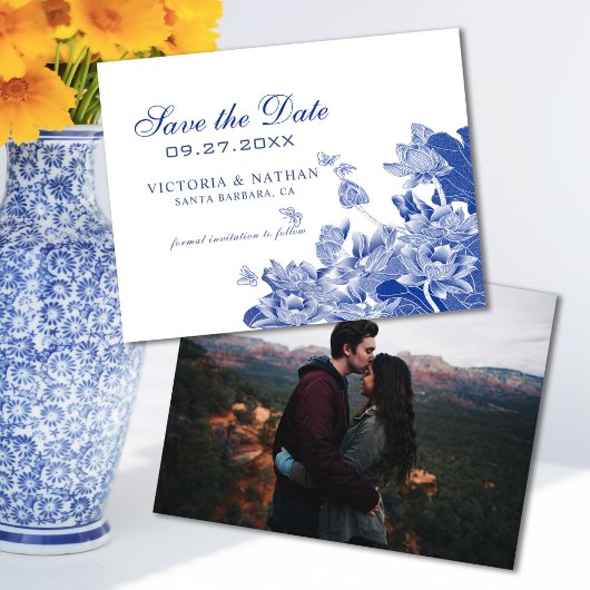 Blauwe Chinoiserie met foto's als bruiloft sparen 