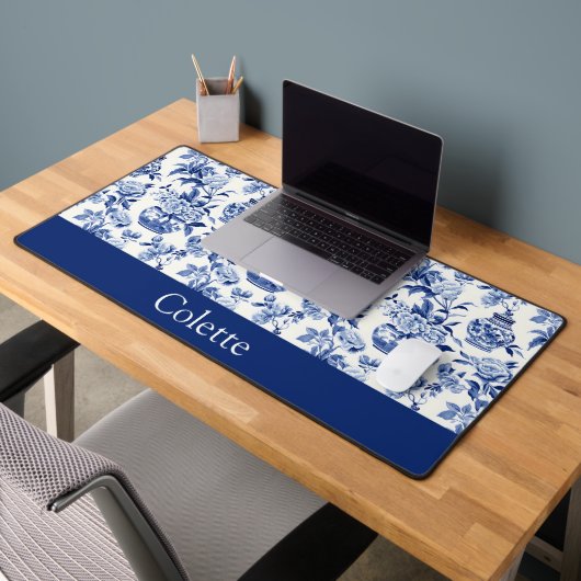 Blauwe Chinoiserie Monogram Naam Bureaumat (Kantoor 2)