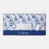 Blauwe Chinoiserie Monogram Naam Bureaumat (Keyboard & Muis)