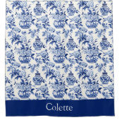 Blauwe Chinoiserie Monogram Naam Douchegordijn (Voorkant)