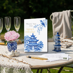 Blauwe Chinoiserie Pagode bloemrijke Dank je wel Bedankkaart