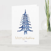 Blauwe Chinoiserie Pagode Kerstboom Kaart (Voorkant)