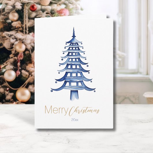 Blauwe Chinoiserie Pagode Kerstboom Kaart