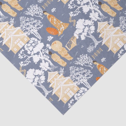 Blauwe Chinoiserie Pagodes Tissuepapier (Detail)