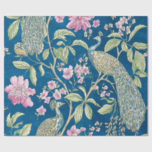 Blauwe Chinoiserie pauw bloemendecoupage Cadeaupapier (Vlak)