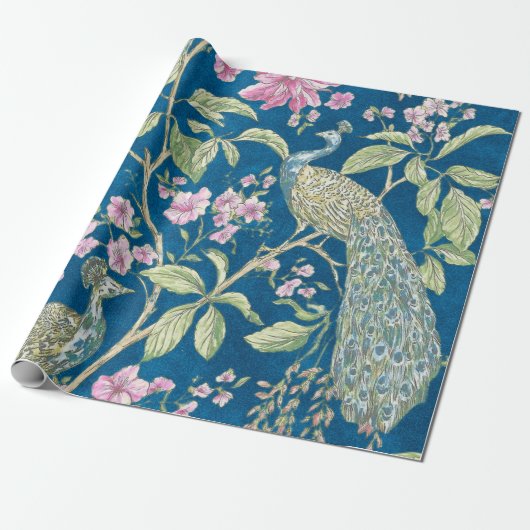 Blauwe Chinoiserie pauw bloemendecoupage Cadeaupapier (Uitgerold)