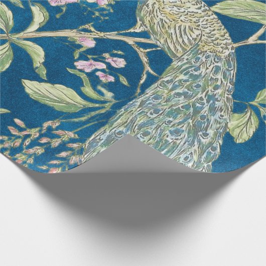 Blauwe Chinoiserie pauw bloemendecoupage Cadeaupapier (Hoek)