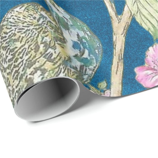 Blauwe Chinoiserie pauw bloemendecoupage Cadeaupapier (Rol Hoek)