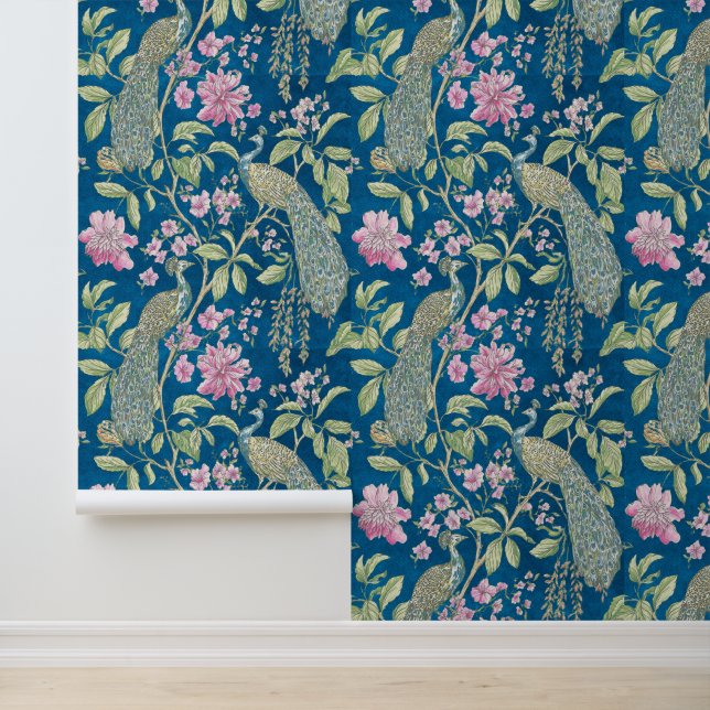 Blauwe Chinoiserie pauw bloemschil en stok Behang (Applicatie)