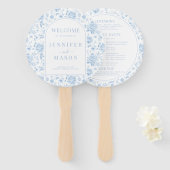 Blauwe Chinoiserie Porselein Bloemen Trouwprogramm Handwaaier (Voorkant en achterkant)