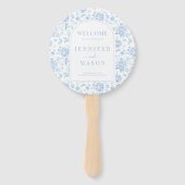 Blauwe Chinoiserie Porselein Bloemen Trouwprogramm Handwaaier (Voorkant)