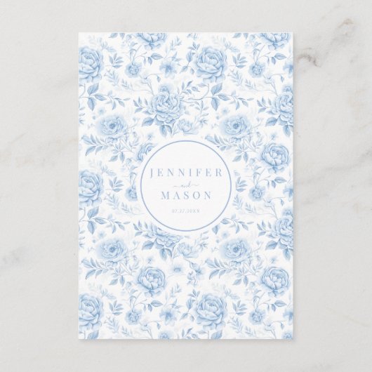 Blauwe chinoiserie porselein bloemenbruiloft menu (Achterkant)