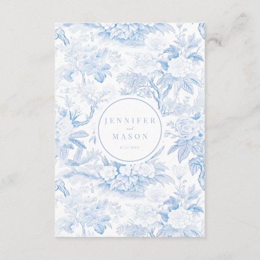 Blauwe chinoiserie porselein bruiloft menu kaarten (Achterkant)