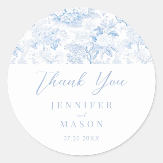 Blauwe Chinoiserie Porseleinen bruiloft Dank u Ronde Sticker (Voorkant)