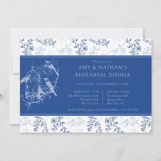 Blauwe Chinoiserie Romantische bruiloft repetitie  Kaart (Voorkant)