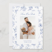 Blauwe Chinoiserie Toile Bloemen Foto Save The Date (Voorkant)