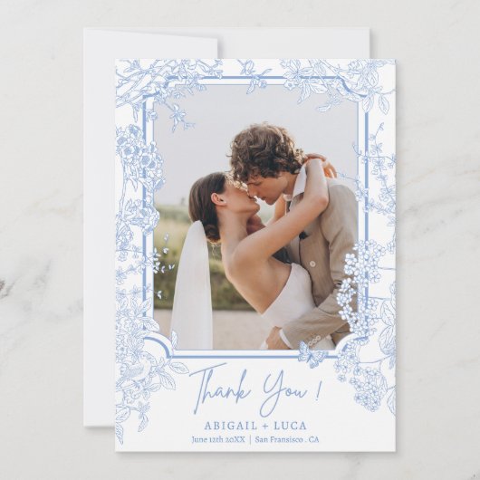 Blauwe Chinoiserie Toile de Jouy Trouwfoto Bedankkaart (Voorkant)