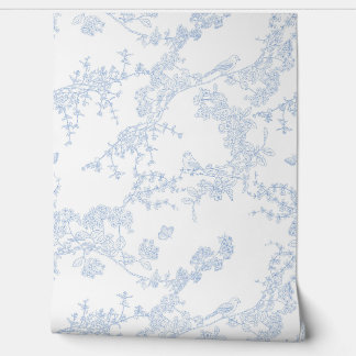 Blauwe Chinoiserie Toile de Jouy Vogels Bloementui Behang