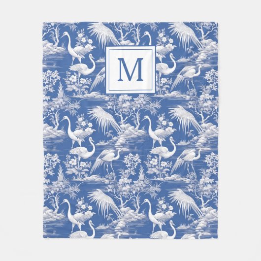 Blauwe Chinoiserie Toile Pattern Monogram Fleece Deken (Voorkant)