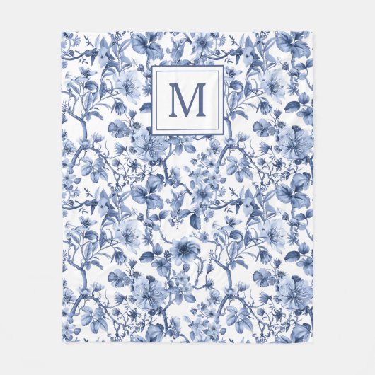 Blauwe Chinoiserie Toile Pattern Monogram Fleece Deken (Voorkant)