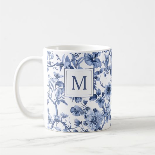 Blauwe Chinoiserie Toile Pattern Monogram Koffiemok (Links)
