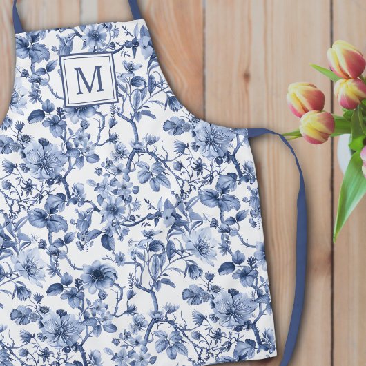 Blauwe Chinoiserie Toile Pattern Monogram Schort