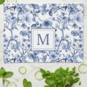 Blauwe Chinoiserie Toile Pattern Monogram Theedoek (Gevouwen)