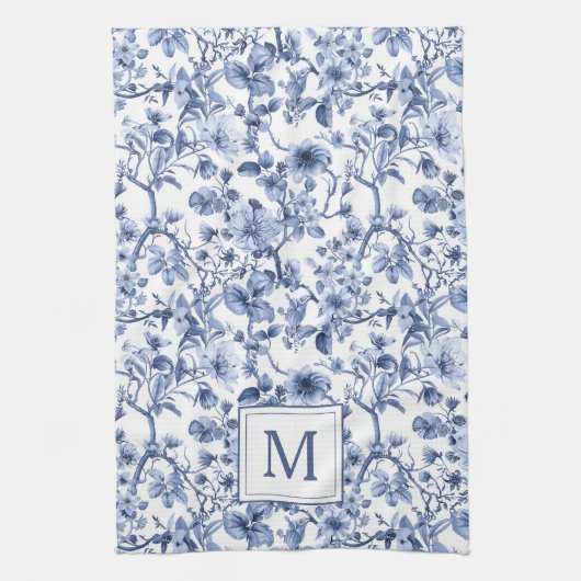 Blauwe Chinoiserie Toile Pattern Monogram Theedoek (Verticaal)