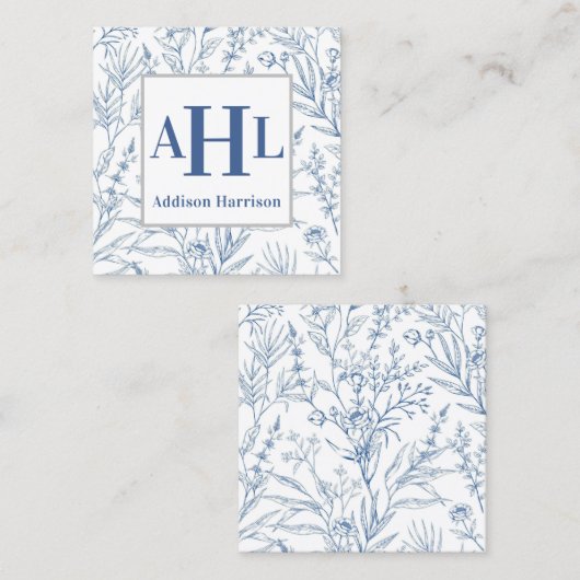 Blauwe Chinoiserie visitekaartje, Monogram Behuizi Vierkante Visitekaartje (Voorkant / Achterkant)