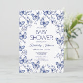 Blauwe Chinoiserie Vlinder Baby Shower Uitnodiging (Staand voorkant)
