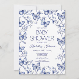 Blauwe Chinoiserie Vlinder Baby Shower Uitnodiging