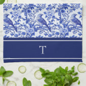 Blauwe Chinoiserie Vogel Monogram Bloemig Theedoek (Gevouwen)