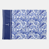Blauwe Chinoiserie Vogel Monogram Bloemig Theedoek (Horizontaal)