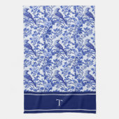 Blauwe Chinoiserie Vogel Monogram Bloemig Theedoek (Verticaal)