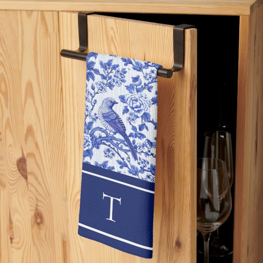 Blauwe Chinoiserie Vogel Monogram Bloemig Theedoek (Derde Gevouwen)