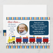 blauwe choo - trein eerste verjaardag foto uitnodi kaart (Voorkant / Achterkant)