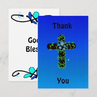 Blauwe christelijke dankkaart met kruis en bloemen bedankkaart