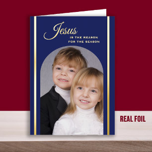 Blauwe Christelijke Kerst Foto Goud Folie Kaart