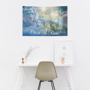 Blauwe Christus is verrezen Cross Lion Lamb Pasen Spandoek