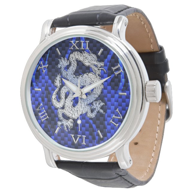 Blauwe Chrome zoals Dragon Carbon Fiber Style Dial Horloge (Gekanteld)